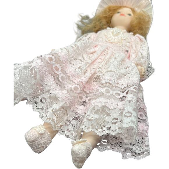 Porcelain Girl Doll in Blush Pink Lace Dress with Sunburst Hat - Picture 3 of 11